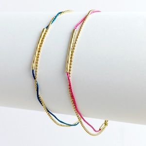 NWOT Set of Two Delicate Layering Gold Bracelets, Blue and Pink, Adjustable